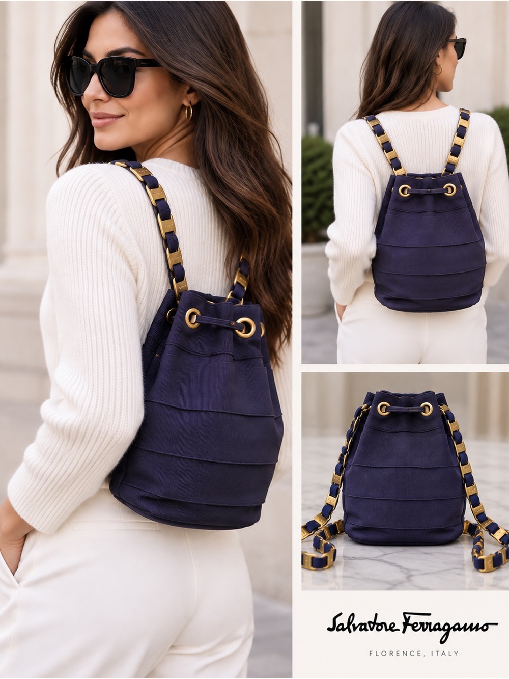 Salvatore Ferragamo Purple Drawstring Backpack with Gold-Tone Chain Straps
